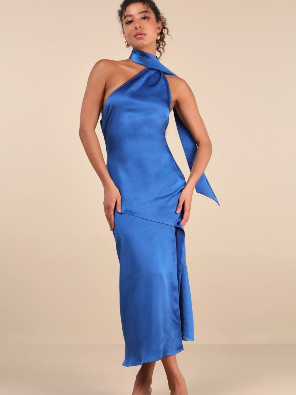 Reglan Blue Satin One-Shoulder Sash Midi Dress Lulus